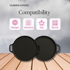 2-in-1 Cast Iron Grill Tawa, 30CM, Naturally Nonstick, Non-Toxic, Gas & Induction Compatible, Perfect for Grilling & Tandoor-Style Cooking