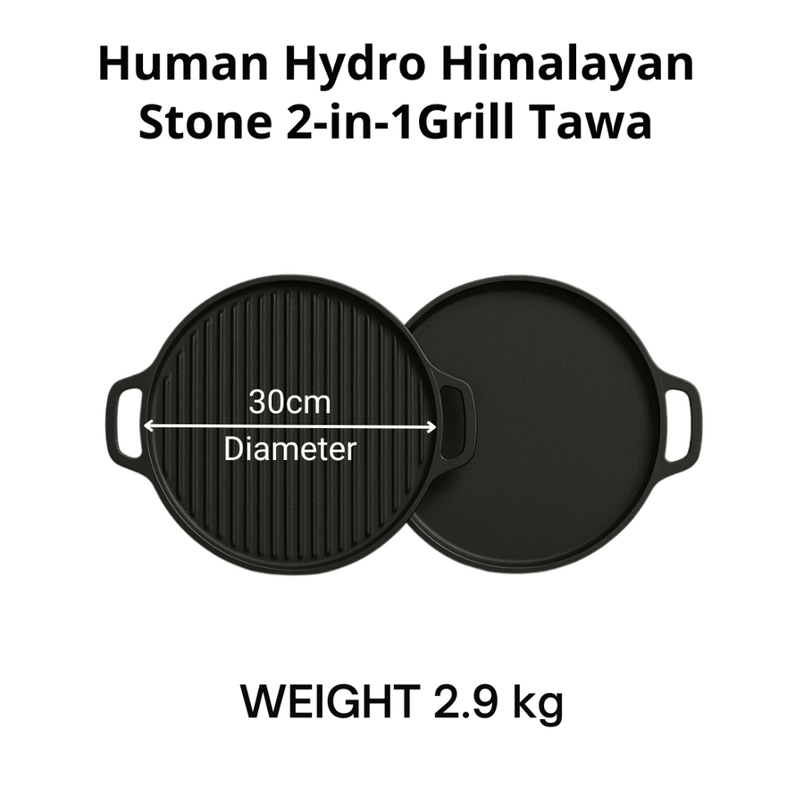 Himalayan Stone Grill Tawa (30CM, 2-in-1) with Wooden Spatula, Reversible Flat & Grill Surface, Iron-Rich Stone, Gas Compatible, Toxin-Free Traditional Cookware