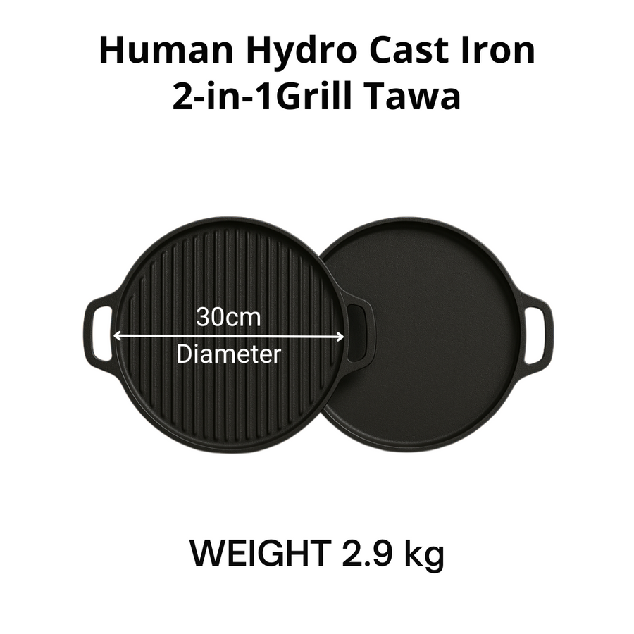 2-in-1 Cast Iron Grill Tawa, 30CM, Naturally Nonstick, Non-Toxic, Gas & Induction Compatible, Perfect for Grilling & Tandoor-Style Cooking