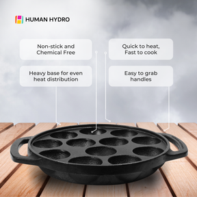 12-Pit Cast Iron Paniyaram Pan with 4mm Glass Lid & Wooden Spatula, 20CM, Pre-Seasoned, Naturally Nonstick, Non-toxic, Gas & Induction Friendly