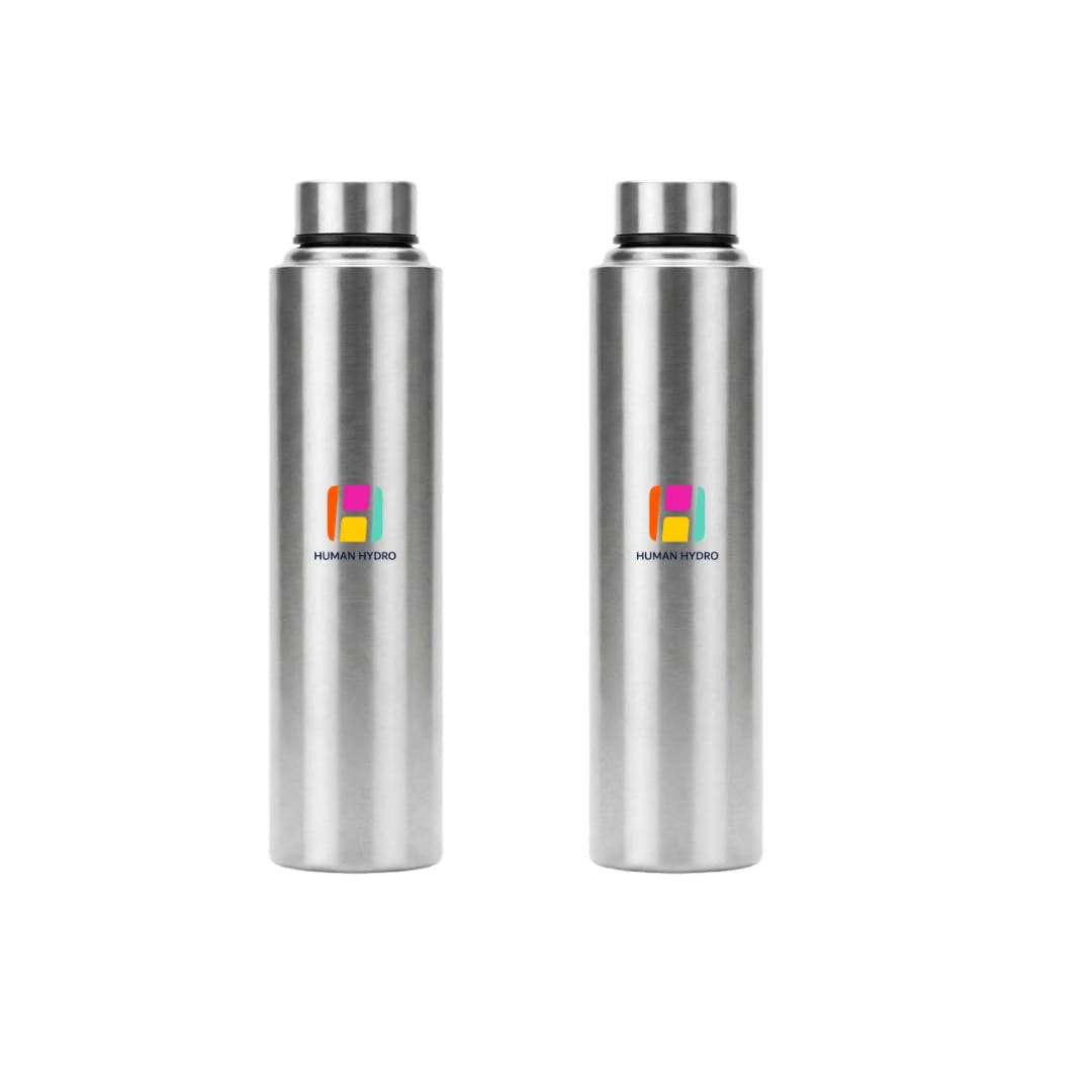 Stainless Steel Water Bottles – Set of 2 | 1 Litre Each | Single Wall Leak-Proof Fridge Bottles for Home & Office