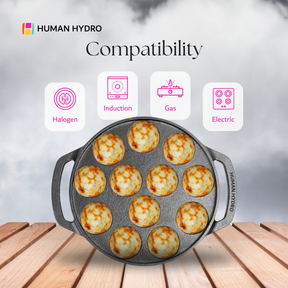 Cast Iron 12-Pit Paniyaram Pan with 4mm Glass Lid, 20CM, Naturally Nonstick, Induction & Gas Compatible