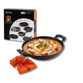 Premium Deliq Range Cast Iron Kadai 25 cm (2.2 L) with Heat-Resistant Silicone Grip Handles | Induction & Gas Compatible Deep Wok | Even Heating, Durable & Toxin-Free