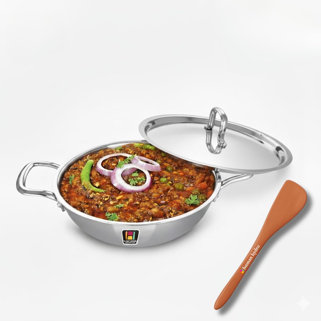 Tri-Ply Stainless Steel Kadai with SS Lid & Spatula, 22CM (2.2L), Induction & Gas Compatible, Durable Cookware for Deep Frying, Stir-Frying & Curries