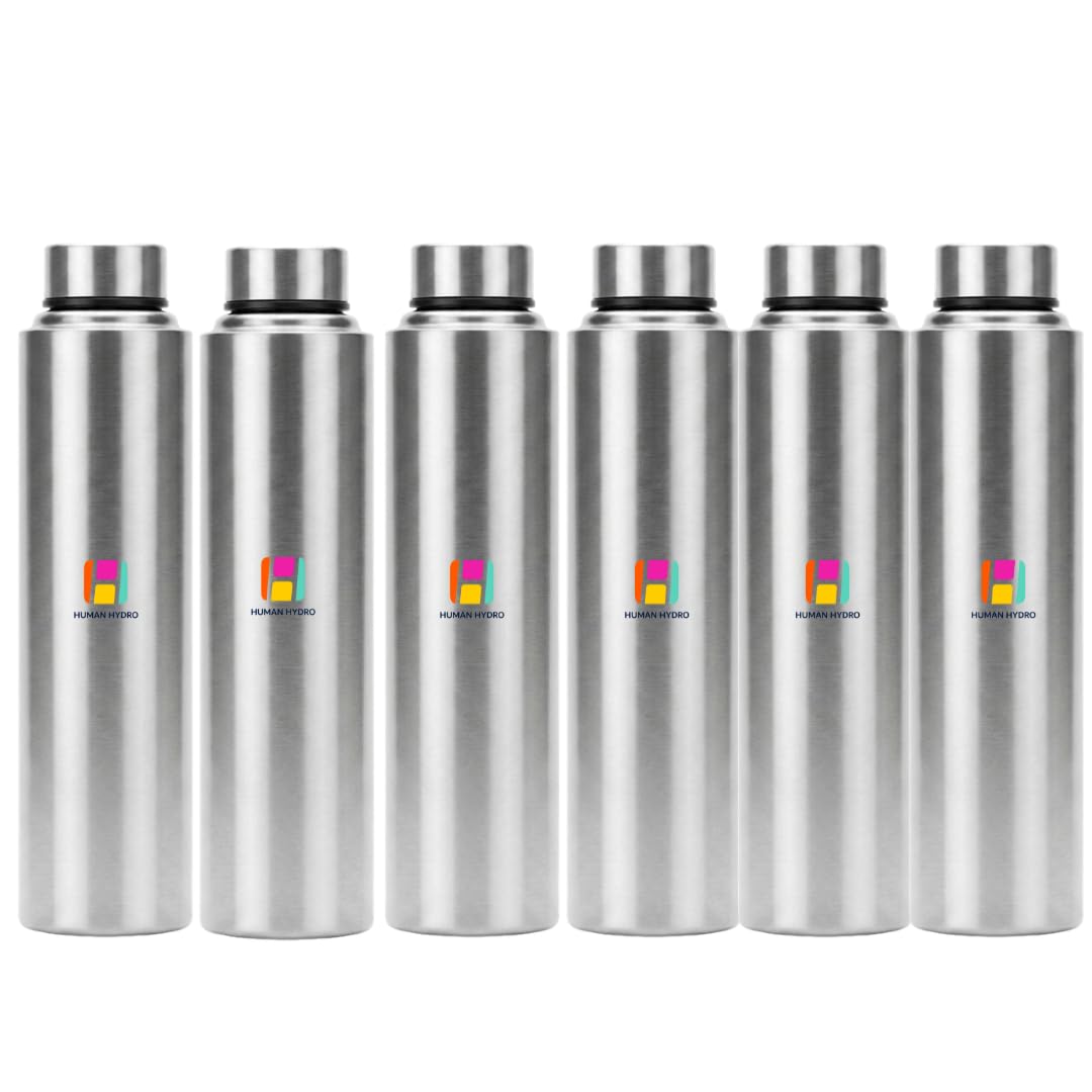 Stainless Steel Water Bottle 1 Litre, Single Wall Leak-Proof Fridge Bottle, Rust-Free, Durable & Reusable, Set of 6