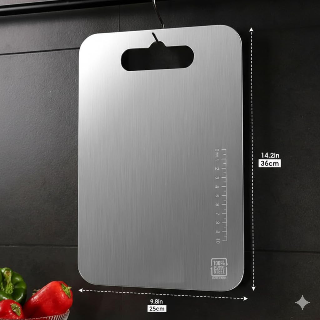 Stainless Steel Chopping Board (36 x 25CM), Rust-Resistant, Anti-Bacterial, Heavy-Duty Cutting Board for Vegetables, Fruits & Meat