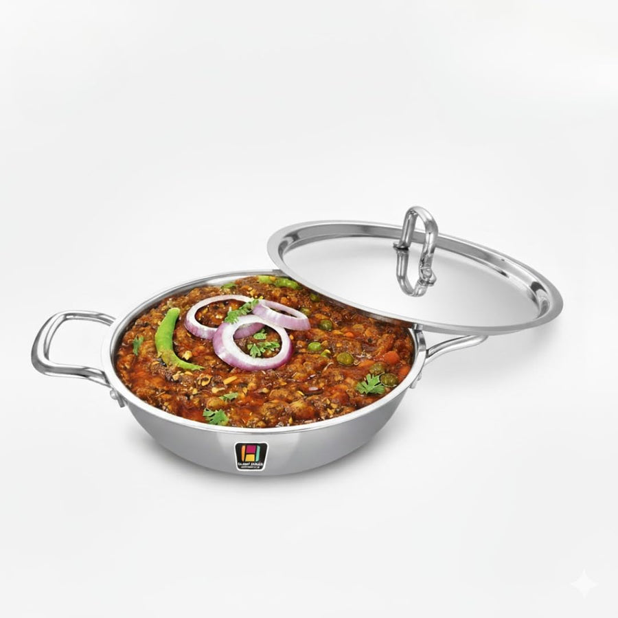 Tri-Ply Stainless Steel Kadai with Lid, 22CM (2.2L), Induction & Gas Compatible, Durable Cookware for Deep Frying, Stir-Frying & Curries