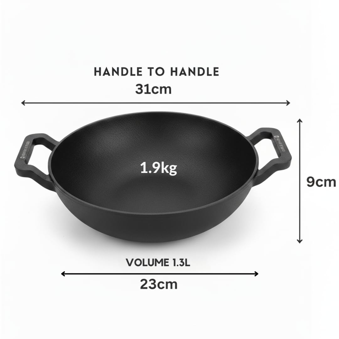 Cast Iron Kadai with Wooden Flip Spatula, 23CM, 1.3L, Naturally Nonstick, Non-Toxic, Flat Bottom, Induction & Gas Compatible
