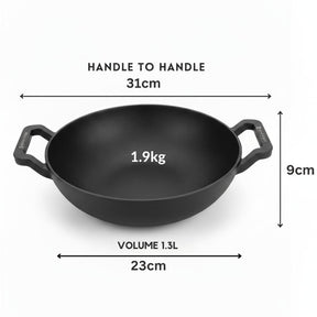 Himalayan Stone Kadai (23CM) with Lid & Wooden Spatula – Iron-Rich Natural Stone, Gas Compatible, Toxin-Free Traditional Cookware