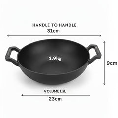 Pre-Seasoned Cast Iron Kadai with Glass Lid – 23CM, 1.3L, Naturally Nonstick, Gas & Induction Compatible