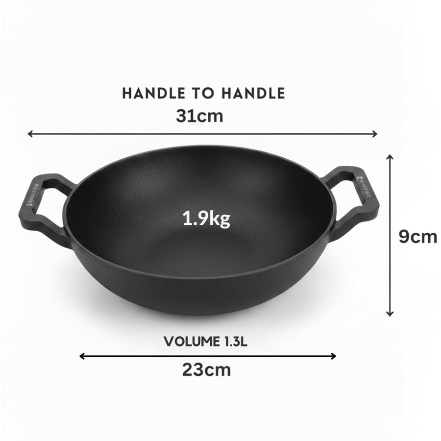 Pre-Seasoned Cast Iron Kadai with Glass Lid – 23CM, 1.3L, Naturally Nonstick, Gas & Induction Compatible