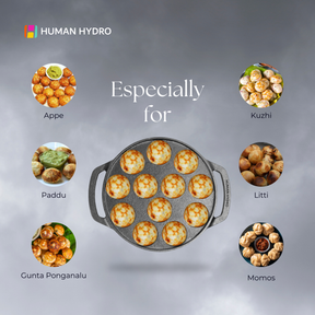 12-Pit Cast Iron Paniyaram Pan with 4mm Glass Lid & Wooden Spatula, 20CM, Pre-Seasoned, Naturally Nonstick, Non-toxic, Gas & Induction Friendly