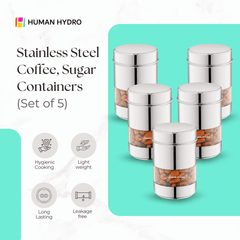 Stainless Steel Storage Containers (Set of 5) 500ml Each, Transparent Window, Airtight Lids, Glossy Finish, Ideal for Spices, Grains, Snacks & Pantry Storage