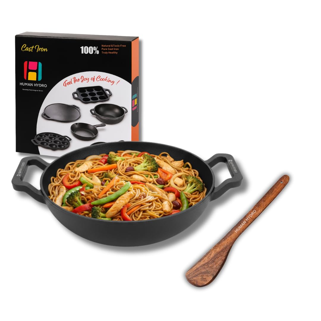 Cast Iron Kadai with Wooden Flip Spatula, 23CM, 1.3L, Naturally Nonstick, Non-Toxic, Flat Bottom, Induction & Gas Compatible