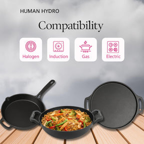 Cast Iron Cookware Set with Free Wooden Spatula, Kadai (23CM), Fry Pan (25CM), Tawa (30CM), Naturally Nonstick, Induction & Gas Compatible