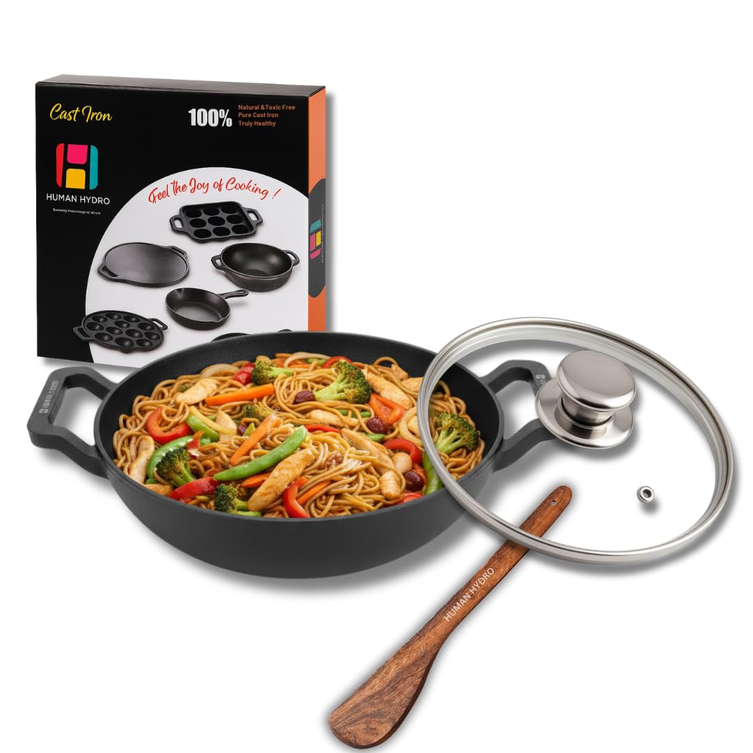 Himalayan Stone Kadai (23CM) with Lid & Wooden Spatula – Iron-Rich Natural Stone, Gas Compatible, Toxin-Free Traditional Cookware