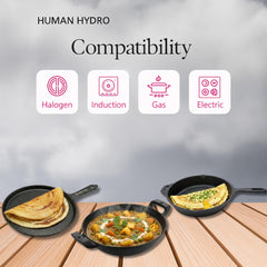 Pre-Seasoned Cast Iron Combo Set (3-Piece) | Fry Pan 24cm + Kadai 26cm (2.2L) + Single-Handle Dosa Tawa 25cm with Wooden Spatula | Gas & Induction Compatible | Naturally Non-Stick