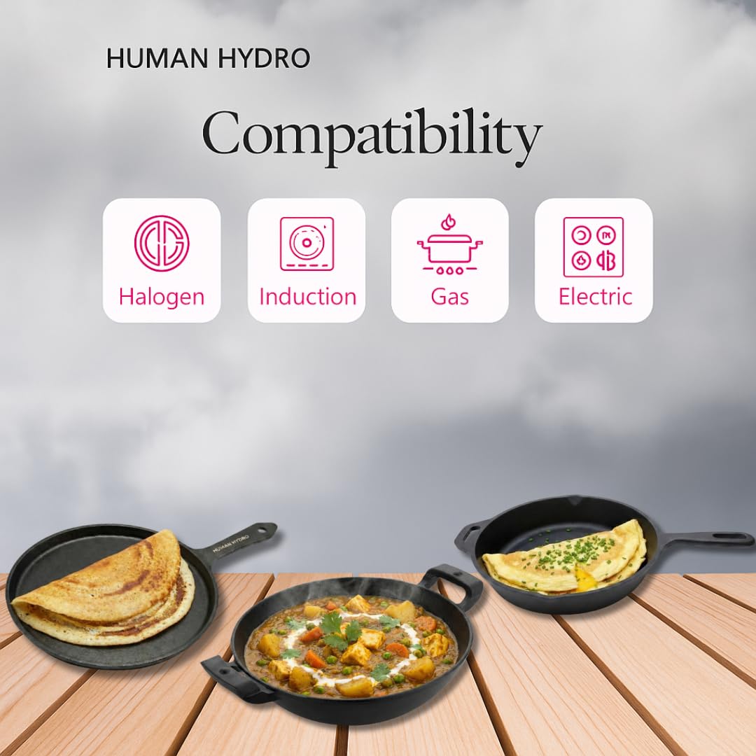 Pre-Seasoned Cast Iron Combo Set (3-Piece) | Fry Pan 24cm + Kadai 26cm (2.2L) + Single-Handle Dosa Tawa 25cm with Wooden Spatula | Gas & Induction Compatible | Naturally Non-Stick