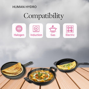 Pre-Seasoned Cast Iron Combo Set (3-Piece) | Fry Pan 24cm + Kadai 26cm (2.2L) + Single-Handle Dosa Tawa 25cm with Wooden Spatula | Gas & Induction Compatible | Naturally Non-Stick