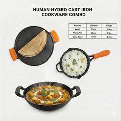 Premium Deliq Range Pre-Seasoned Cast Iron Combo (3-Piece) | Kadai 25cm + Tawa 30cm + Fry Pan 25cm with Silicone Grips | Naturally Non-Stick, Toxin-Free & Induction Compatible