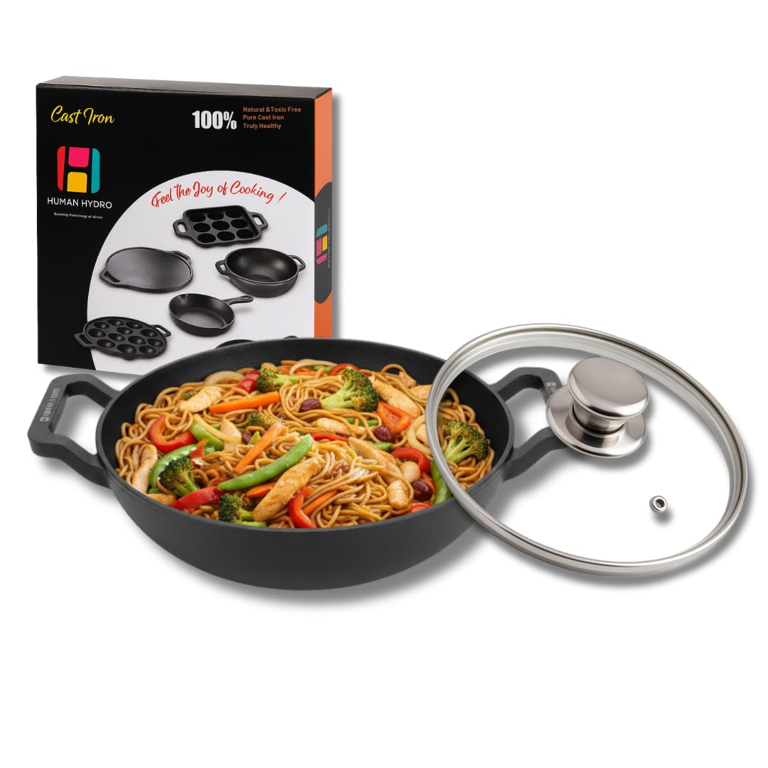 Pre-Seasoned Cast Iron Kadai with Glass Lid – 23CM, 1.3L, Naturally Nonstick, Gas & Induction Compatible