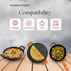 Premium Deliq Range Pre-Seasoned Cast Iron Combo (3-Piece) | Kadai 25cm + Tawa 30cm + Fry Pan 25cm with Silicone Grips | Naturally Non-Stick, Toxin-Free & Induction Compatible