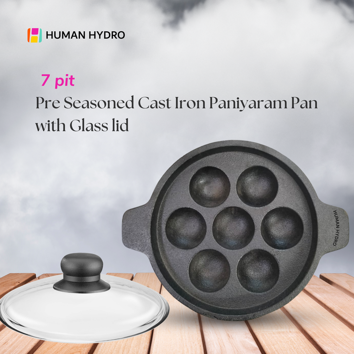 7 pit paniyaram pan with glass lid text