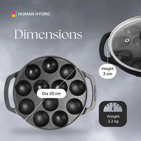Cast Iron 12-Pit Paniyaram Pan with 4mm Glass Lid, 20CM, Naturally Nonstick, Induction & Gas Compatible