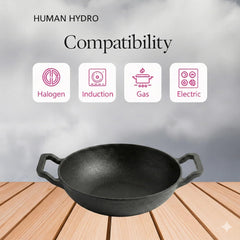 Cast Iron Kadai with Wooden Flip Spatula, 23CM, 1.3L, Naturally Nonstick, Non-Toxic, Flat Bottom, Induction & Gas Compatible