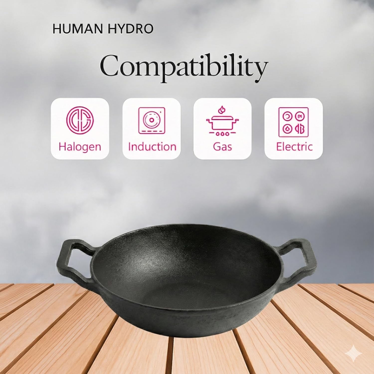 Himalayan Stone Kadai (23CM) with Lid & Wooden Spatula – Iron-Rich Natural Stone, Gas Compatible, Toxin-Free Traditional Cookware