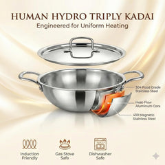 Tri-Ply Stainless Steel Kadai, 24CM (2.8L), Induction & Gas Compatible, Durable Cookware for Deep Frying, Stir-Frying & Curries