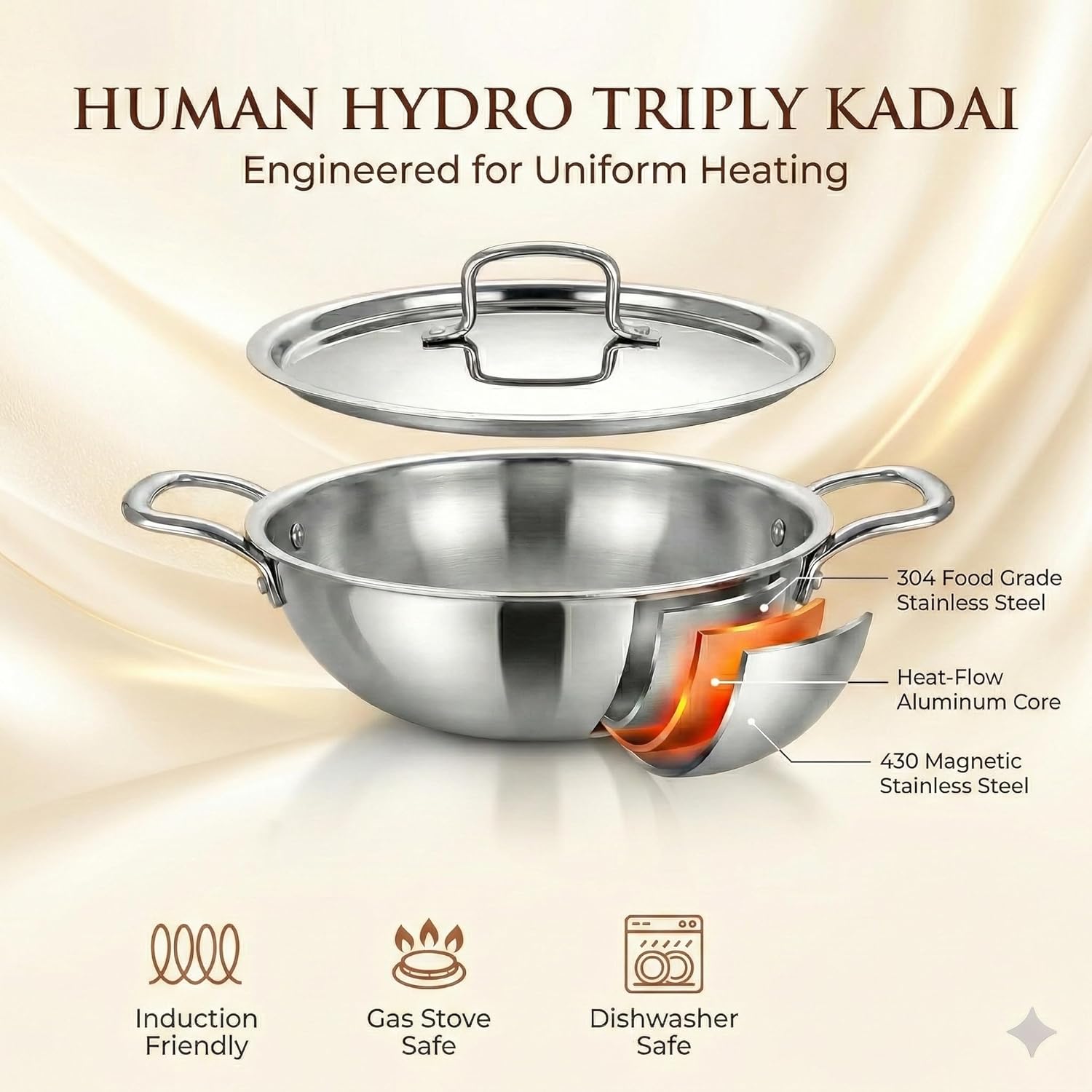 Tri-Ply Stainless Steel Kadai (22CM, 2.2L), 3-Layer Steel-Aluminum-Steel, Induction & Gas Compatible, Heavy-Duty for Deep Frying, Stir-Frying & Curries