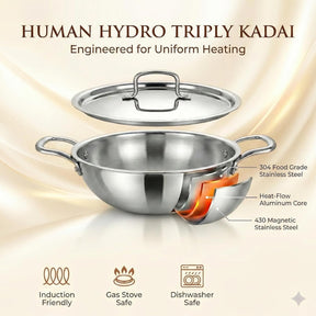 Tri-Ply Stainless Steel Kadai (22CM, 2.2L), 3-Layer Steel-Aluminum-Steel, Induction & Gas Compatible, Heavy-Duty for Deep Frying, Stir-Frying & Curries