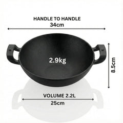Premium Deliq Range Cast Iron Kadai 25 cm (2.2 L) with Heat-Resistant Silicone Grip Handles | Induction & Gas Compatible Deep Wok | Even Heating, Durable & Toxin-Free