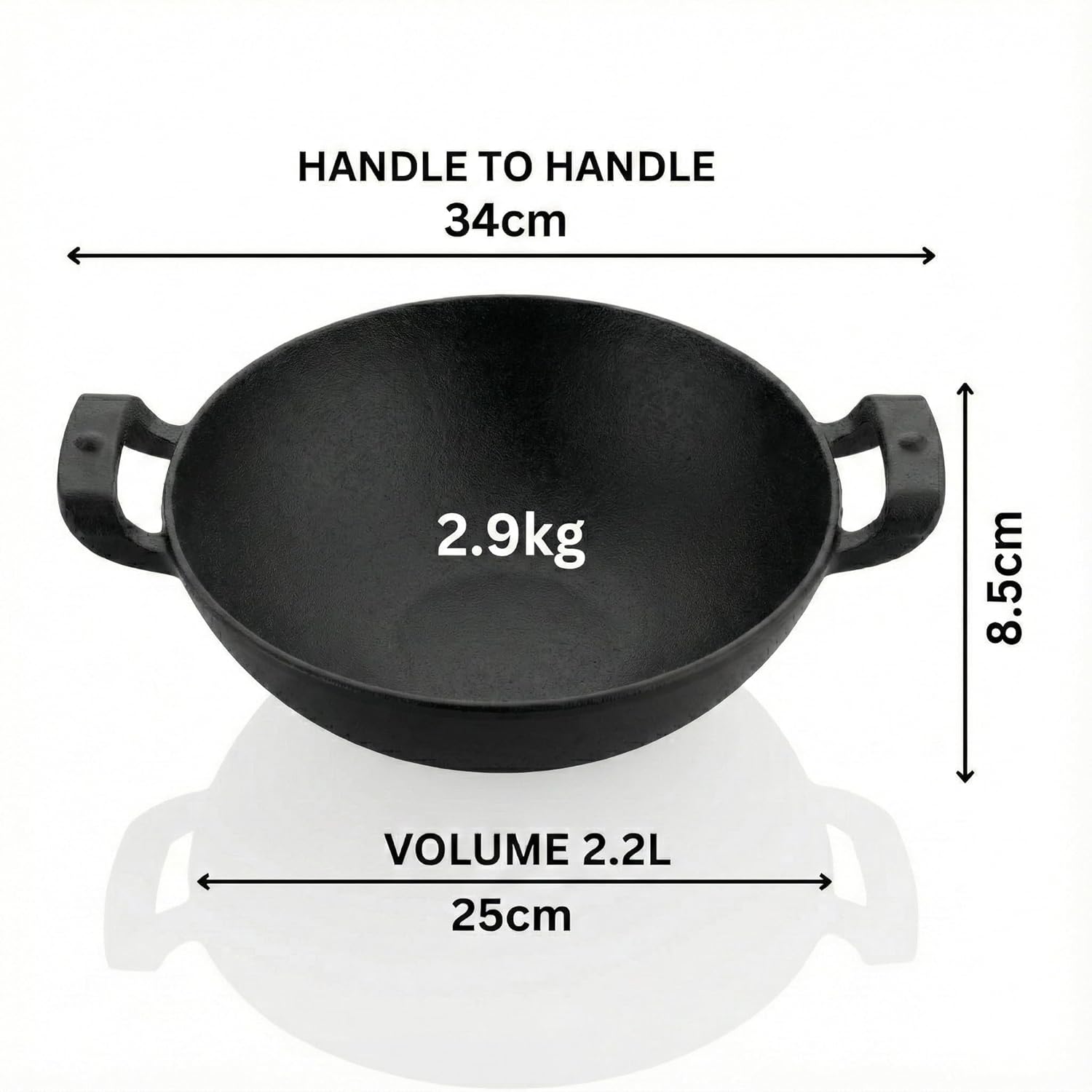 Black wok with measurements on a white background