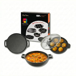 Pre-Seasoned Cast Iron Combo – 7-Pit Paniyaram Pan with Glass Lid, 30CM Dosa Tawa & 23CM Kadai