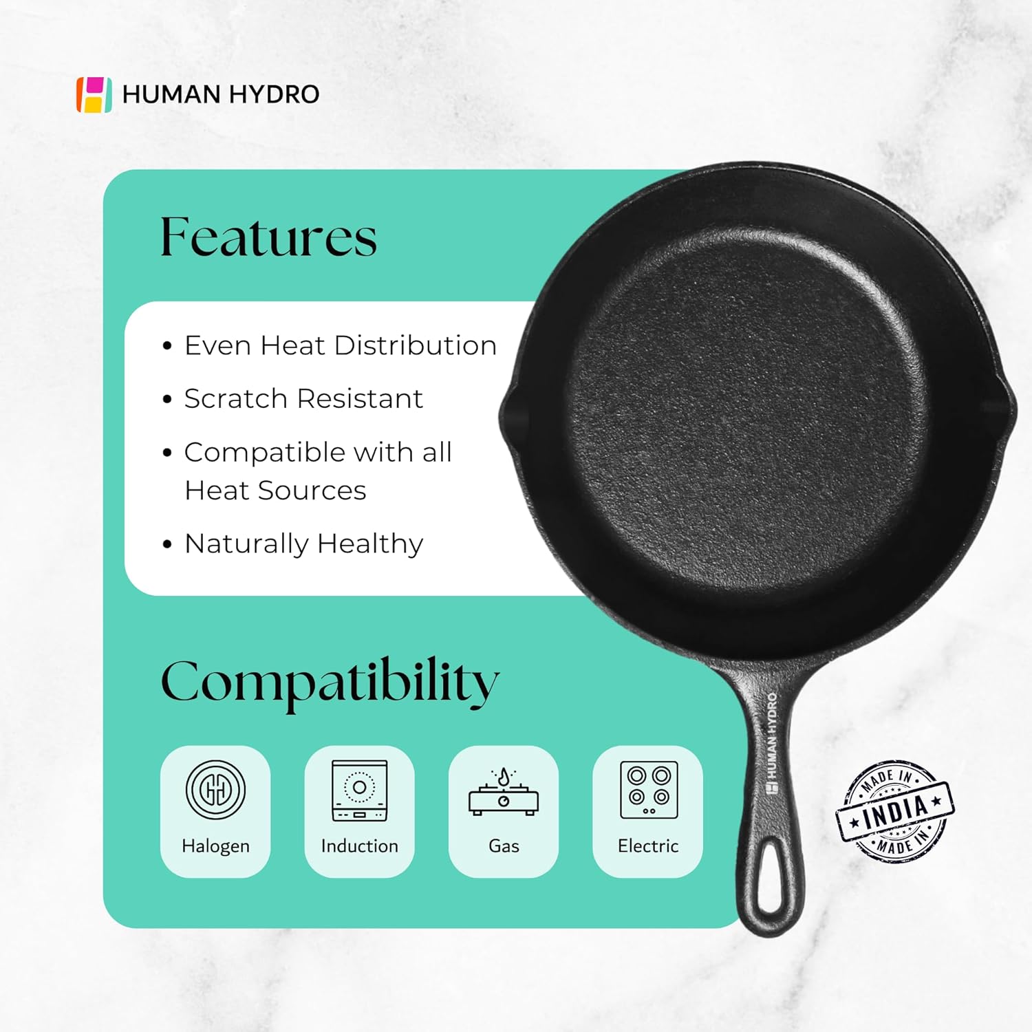Cast Iron Fry Pan (8 Inch/20CM) with Wooden Spatula, Naturally Nonstick, Non-Toxic, Gas & Induction Compatible, Perfect for Frying & Searing