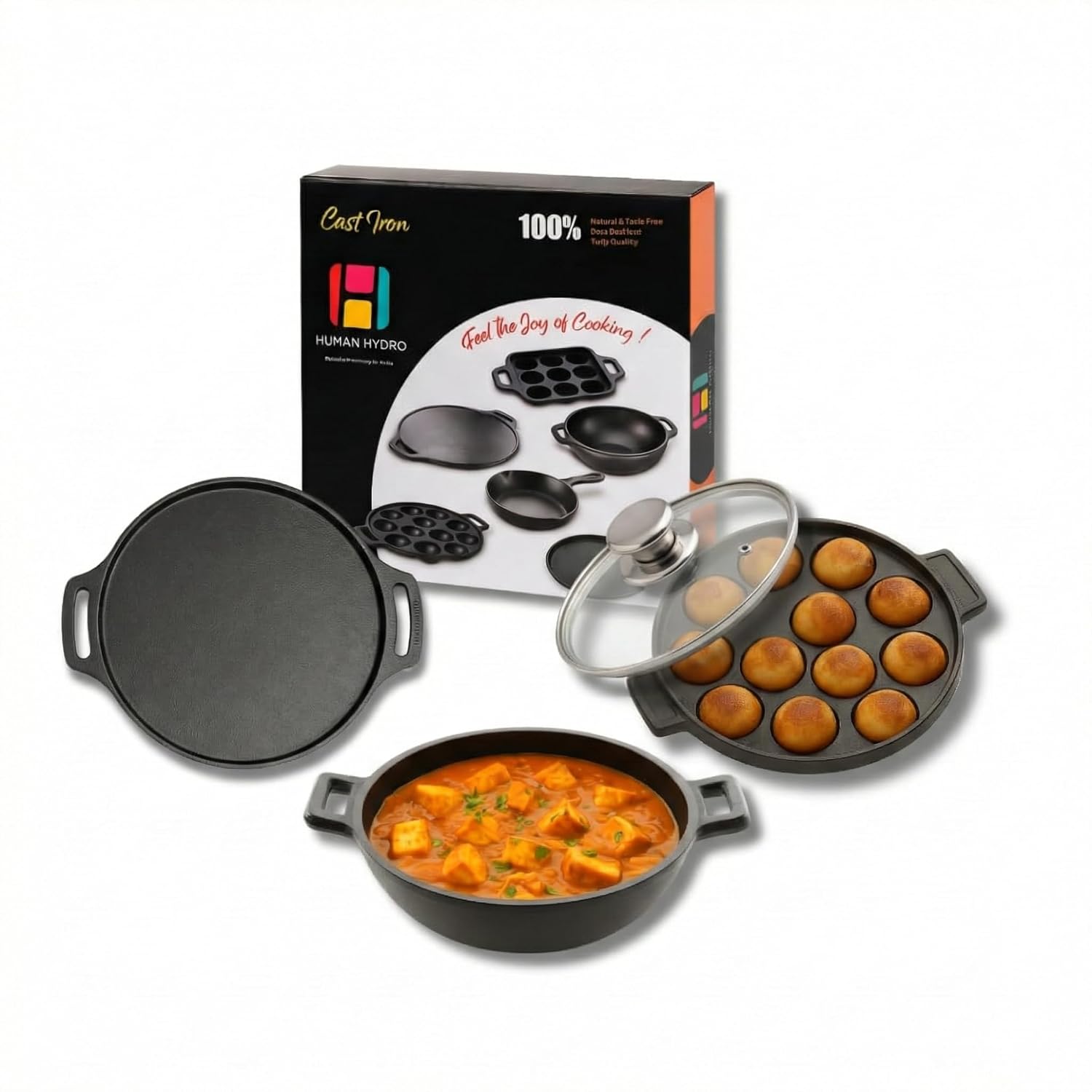 Pre-Seasoned Cast Iron Cookware Set – 12-Pit Paniyaram Pan with Lid, 30CM Dosa Tawa & 23CM Kadai