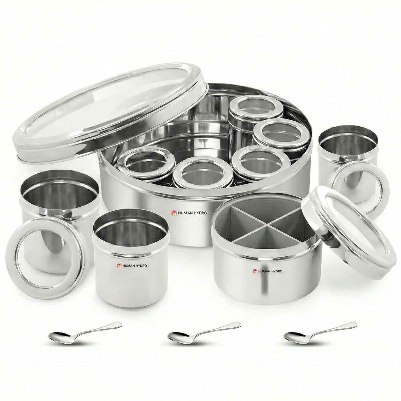 12-in-1 Stainless Steel Masala Dabba with See-Through Lid, Airtight Spice Box & Spice Organizer for Kitchen