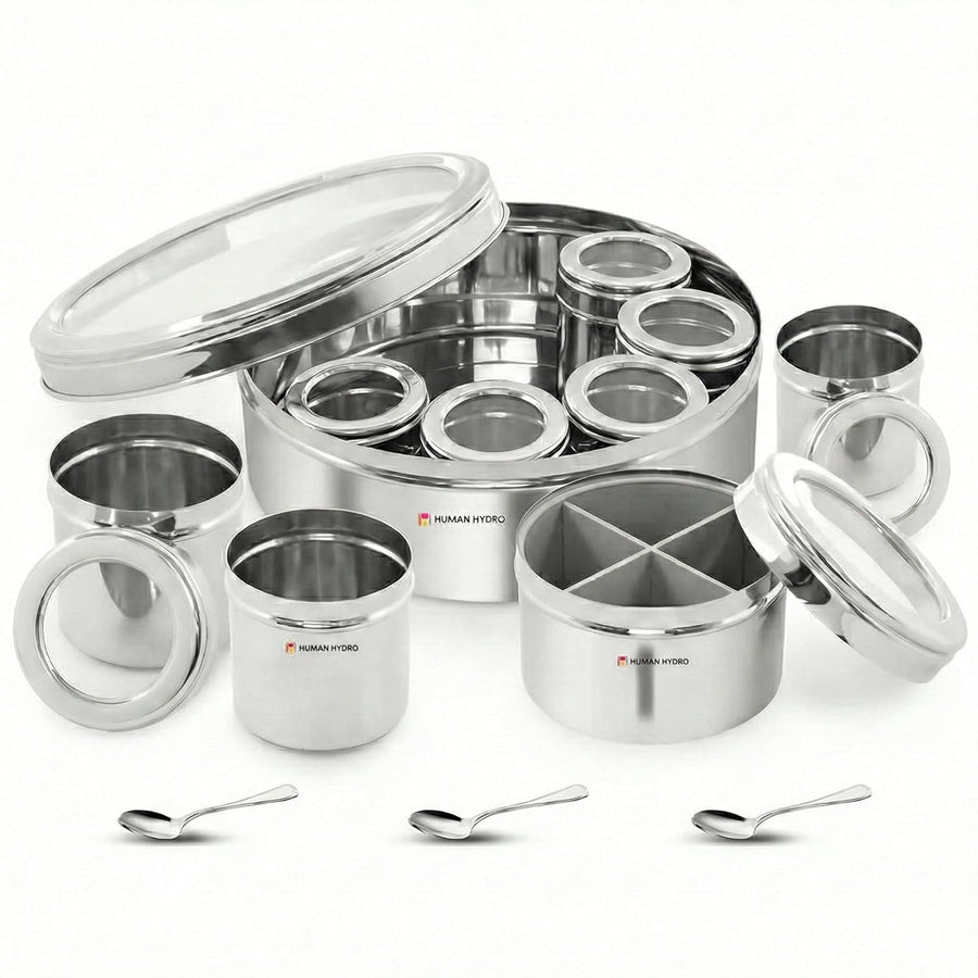 12-in-1 Stainless Steel Masala Dabba with See-Through Lid, Airtight Spice Box & Spice Organizer for Kitchen