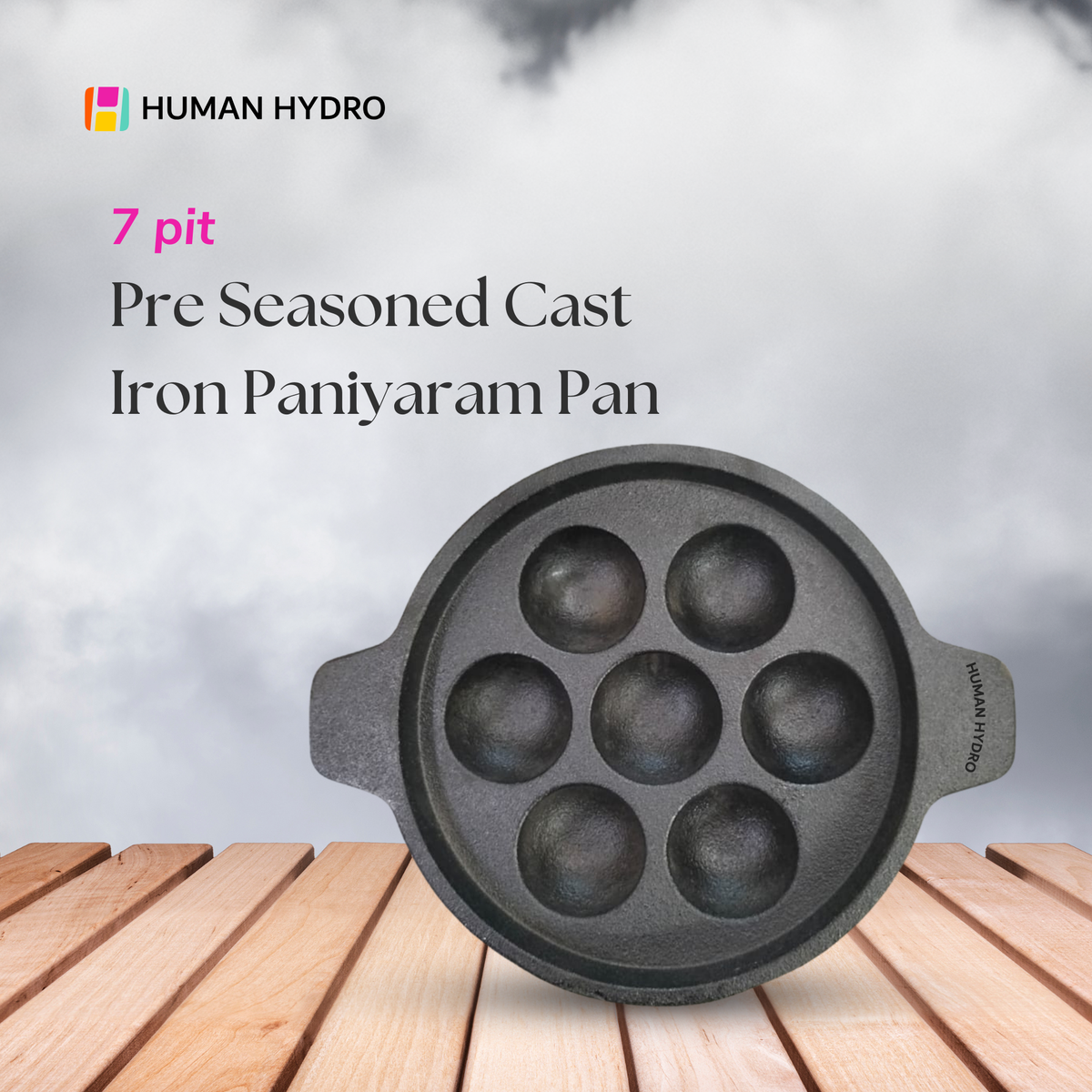 Cast Iron 7-Pit Paniyaram Pan, 18CM, 1.5KG, Naturally Nonstick, Induction & Gas Compatible
