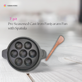 7 pit paniyaram pan with spatula text