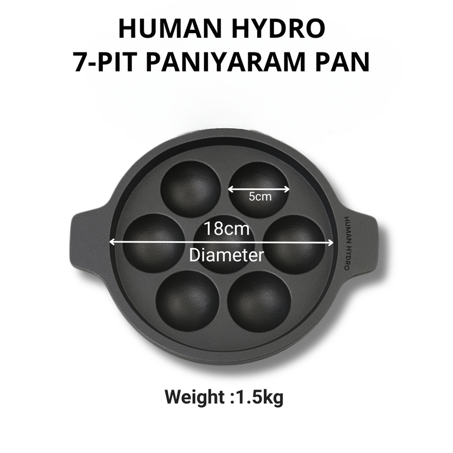 Cast Iron 7-Pit Paniyaram Pan, 18CM, 1.5KG, Naturally Nonstick, Induction & Gas Compatible