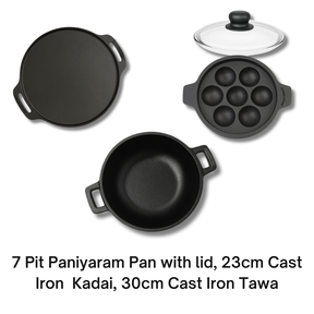 7-Pit Paniyaram Pan with Lid, Kadai & Tawa Text