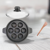 7 pit paniyaram pan with glass lid and spatula