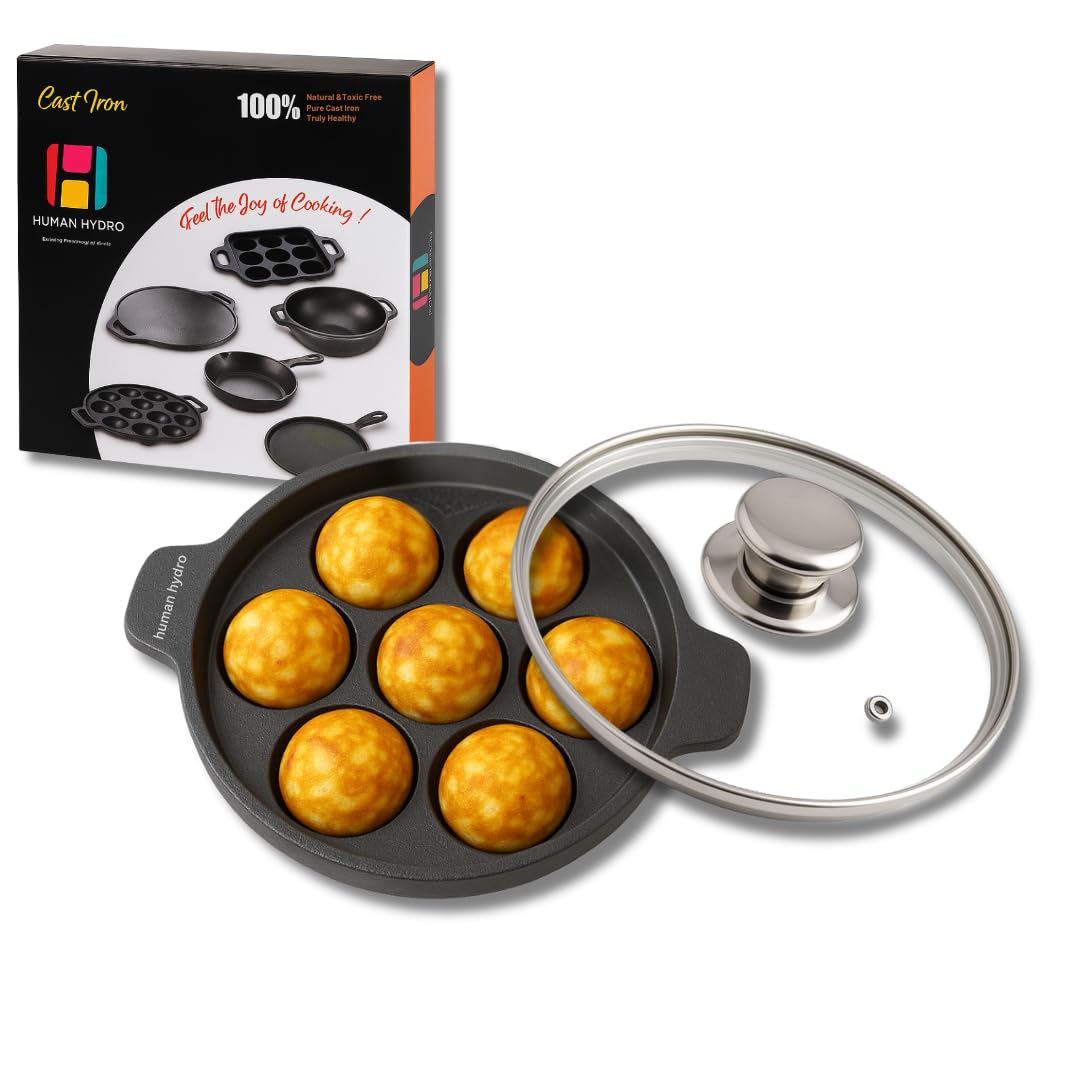 Pre-Seasoned Cast Iron 7-Pit Paniyaram Pan with Glass Lid, Naturally Nonstick, Gas & Induction Compatible