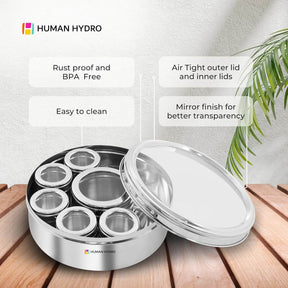 9-in-1 stainless steel masala dabba with airtight lids, easy to clean, and BPA-free for organized spice storage.