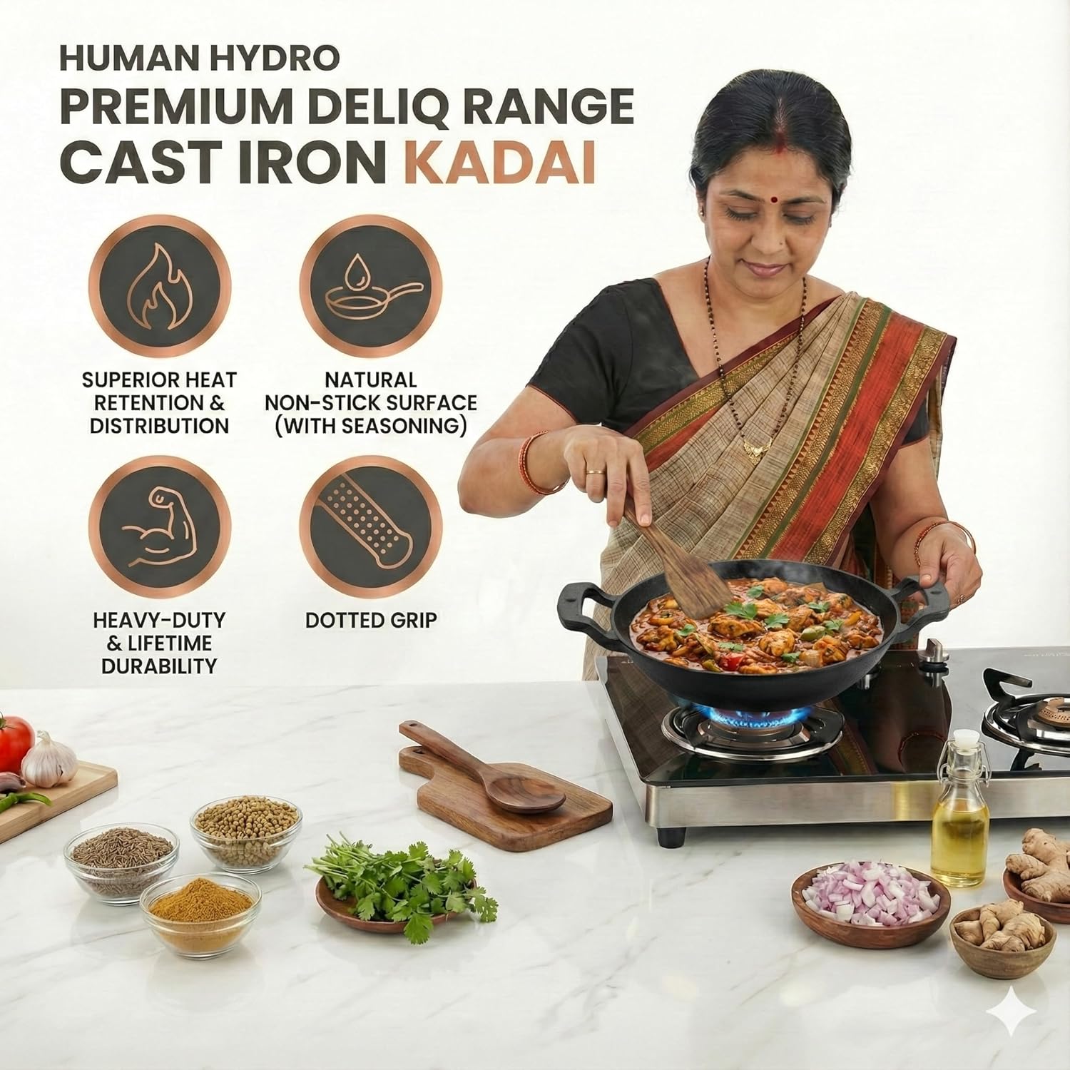 Premium Deliq Range Cast Iron Kadai 25 cm (2.2 L) with Heat-Resistant Silicone Grip Handles | Induction & Gas Compatible Deep Wok | Even Heating, Durable & Toxin-Free