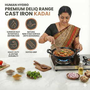 Himalayan Stone Kadai (23CM) with Lid & Wooden Spatula – Iron-Rich Natural Stone, Gas Compatible, Toxin-Free Traditional Cookware