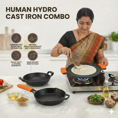 Premium Deliq Range Pre-Seasoned Cast Iron Combo (3-Piece) | Kadai 25cm + Tawa 30cm + Fry Pan 25cm with Silicone Grips | Naturally Non-Stick, Toxin-Free & Induction Compatible